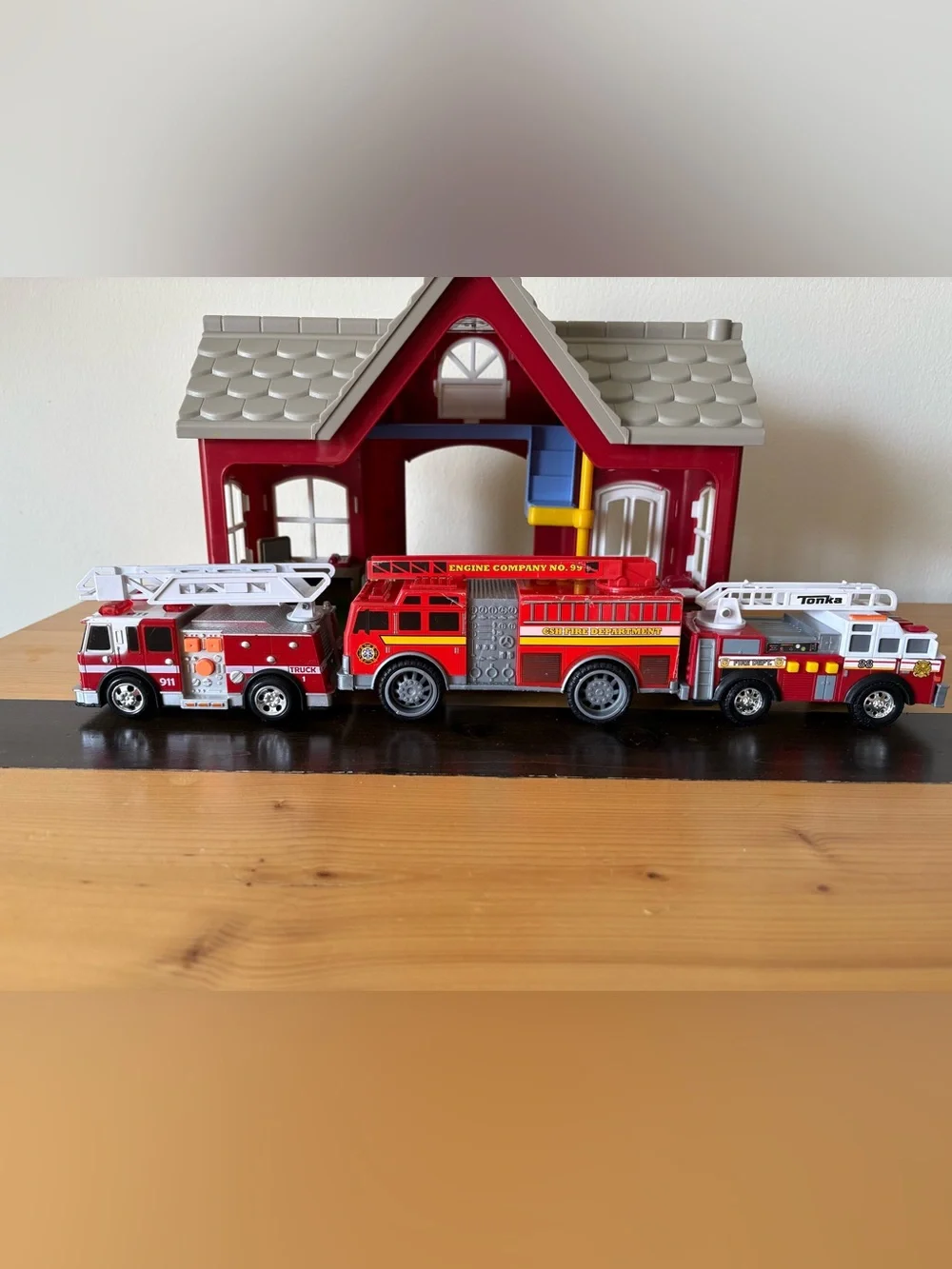 Vintage Step 2 Main Street Village Firehouse Playset & 3 Fire Truck Toys